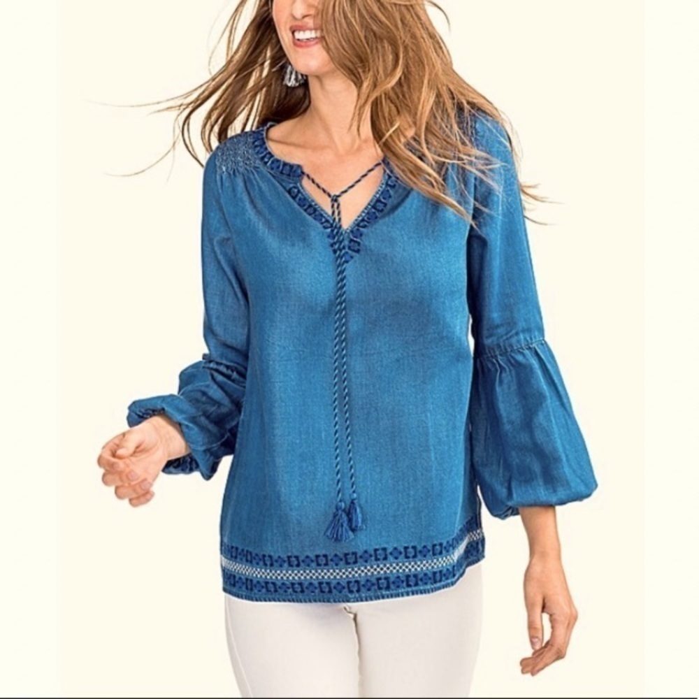 - NWT Southern Tide Indigo Blue Brinley Embroidered Denim Tassel Peasant Top